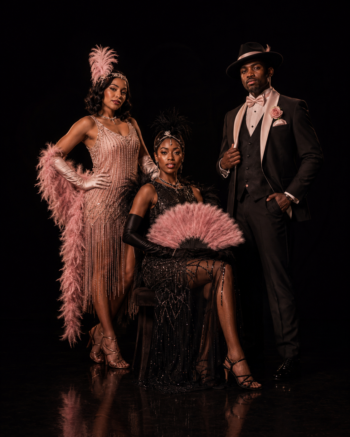 Three cabaret performers in beaded gowns and evening dress, with a pink feather fan