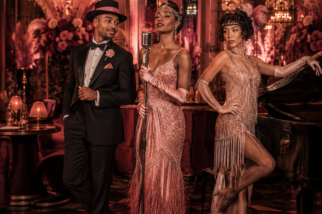 Cabaret artists gathered around a piano in a sumptuous pink lounge