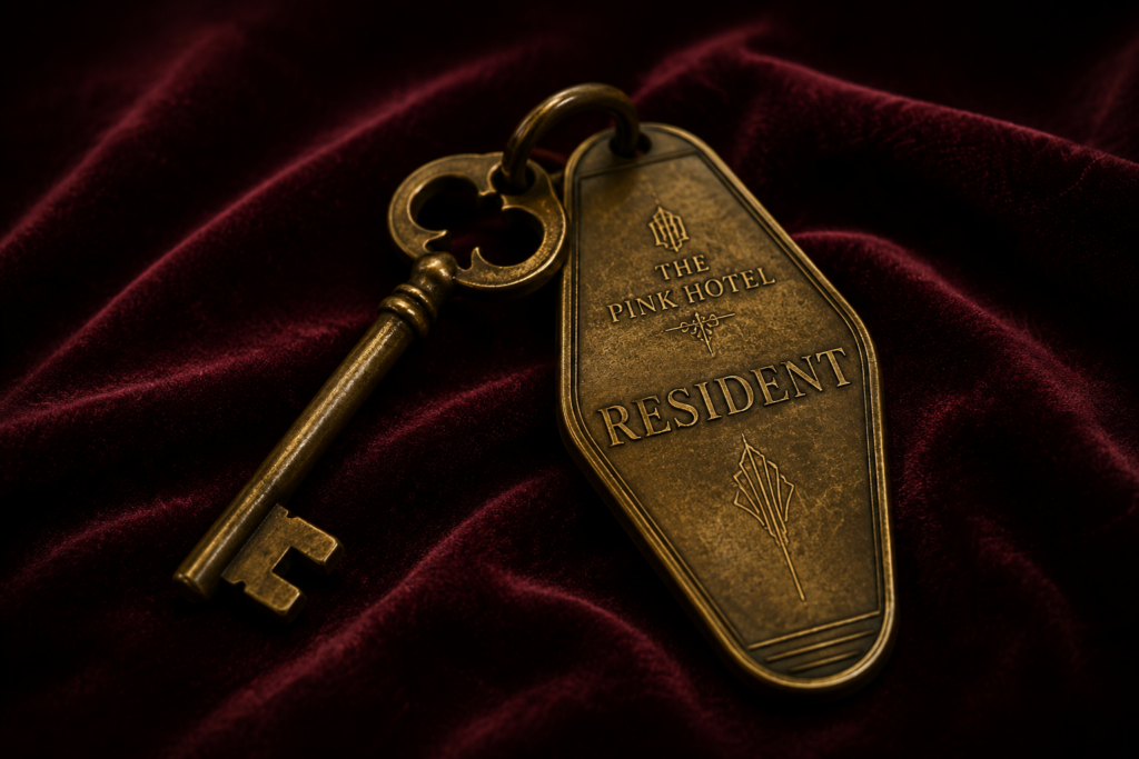 Antique Pink Hotel key on burgundy velvet, with its shaft extending out of a cream Polaroid frame