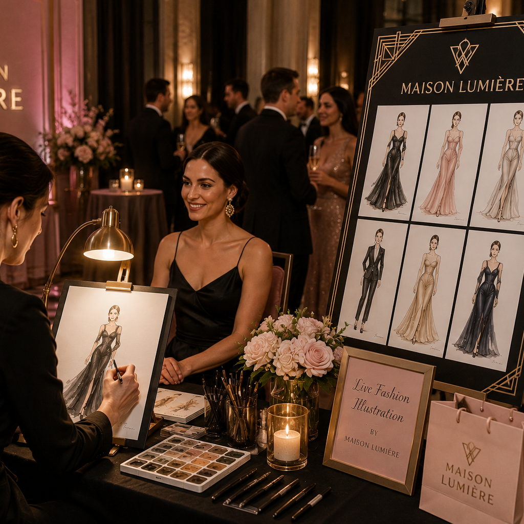 Live fashion illustration at an elegant evening event